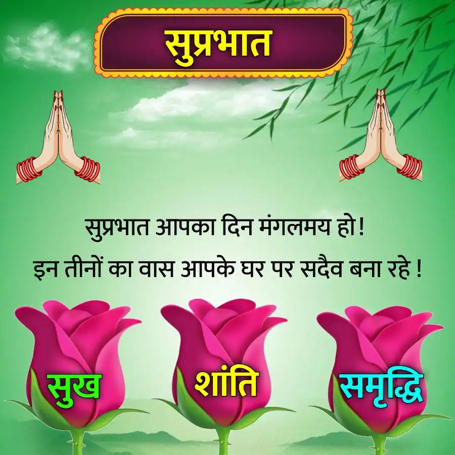 सुप्रभात
सुप्रभात आपका दिन मंगलमय हो !
इन तीनों का वास आपके घर पर सदैव बना रहे !
सुख
शांति
समृद्धि