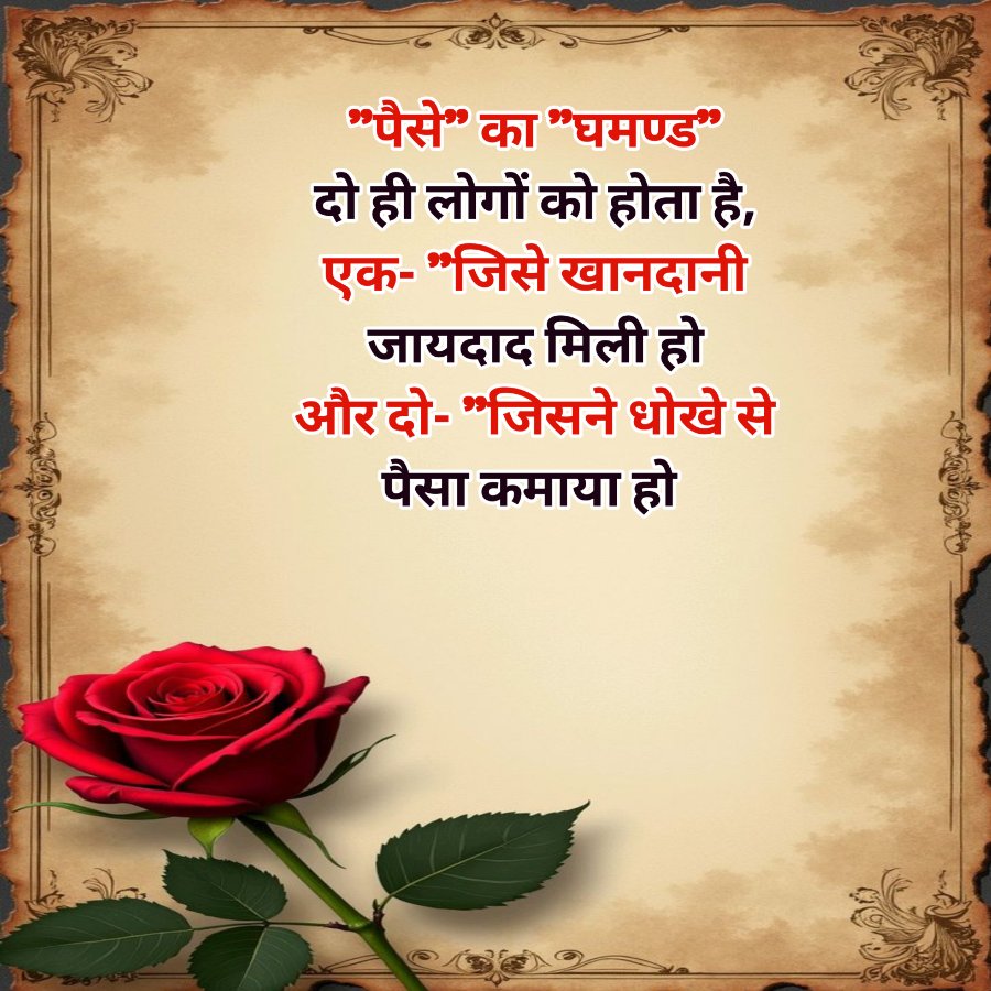 "पैसे" का "घमण्ड”
दो ही लोगों को होता है,
एक- "जिसे खानदानी
जायदाद मिली हो
और दो- " जिसने धोखे से
पैसा कमाया