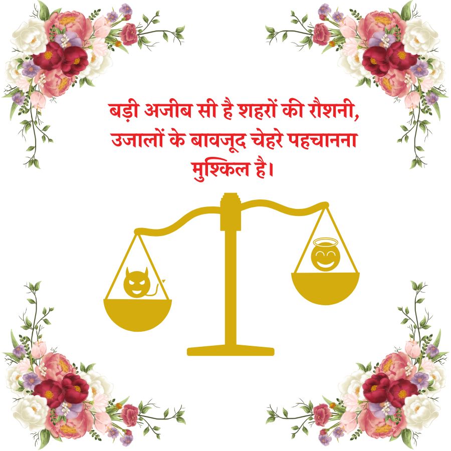 बड़ी अजीब सी है शहरों की रौशनी,
उजालों के बावजूद चेहरे पहचानना
B
मुश्किल है।
T