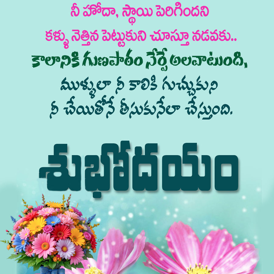 నీ హోదా, స్థాయి పెరిగిందని
కళ్ళు నెత్తిన పెట్టుకుని చూస్తూ నడవకు..
కాలానికి గుణపాఠం నేర్పే అలవాటుంది,
ముళ్ళులా నీ కాలికి గుచ్చుకుని
నీ చేయితోనే తీసుకునేలా చేస్తుంది.
శుభోదయం