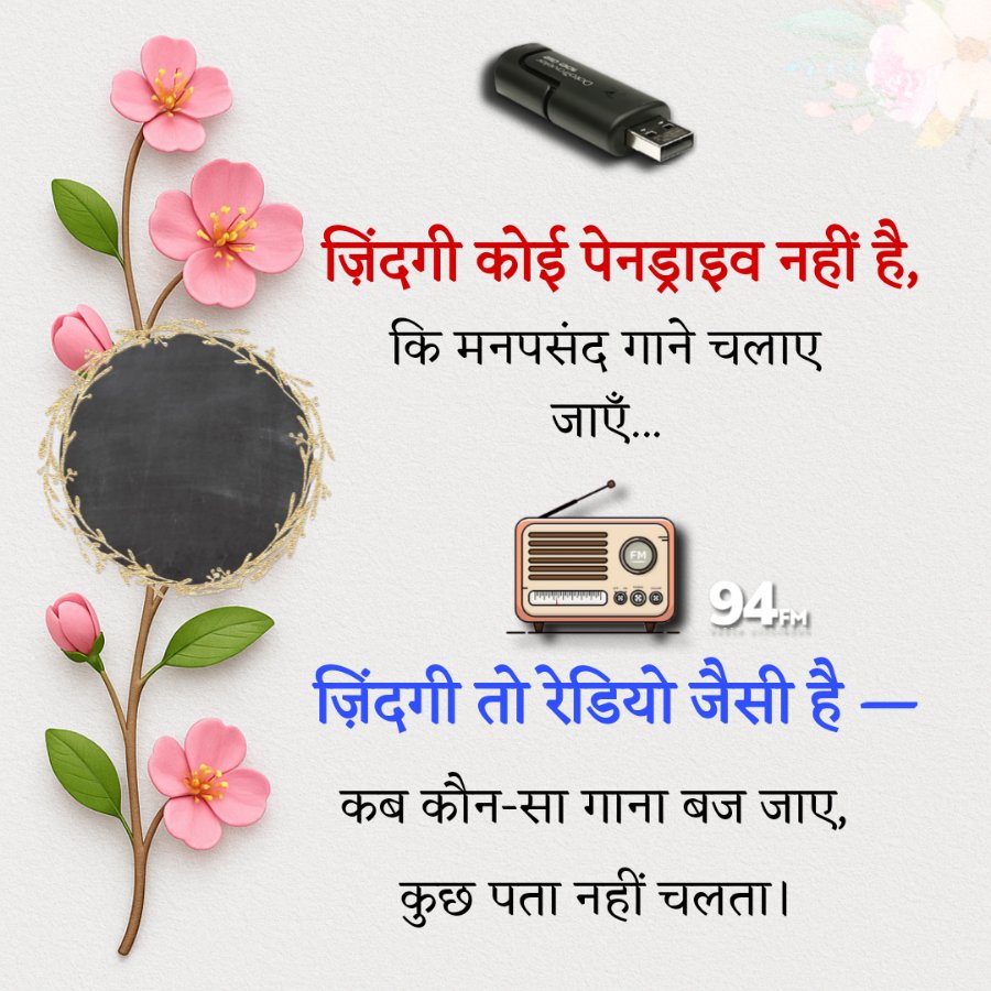 ज़िंदगी कोई पेनड्राइव नहीं है,
कि मनपसंद गाने चलाए
जाएँ...
94b
ज़िंदगी तो रेडियो जैसी है -
कब कौन-सा गाना बज जाए,
कुछ पता नहीं चलता।