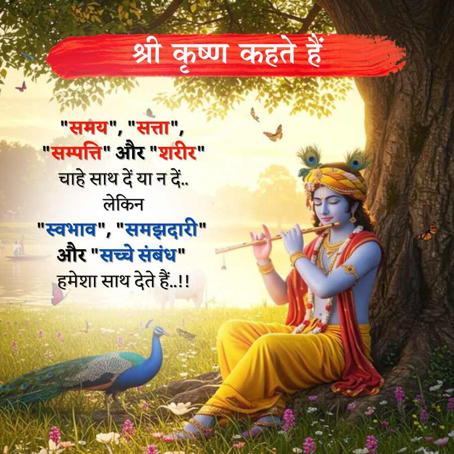 श्री कृष्ण कहते हैं
"समय", "सत्ता",
" सम्पत्ति" और " शरीर"
चाहे साथ दें या न दें..
लेकिन
"स्वभाव", "समझदारी"
और "सच्चे संबंध"
हमेशा साथ देते हैं..!!