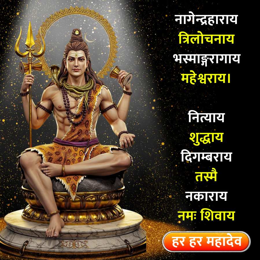 नागेन्द्रहाराय
त्रिलोचनाय
भस्माङ्गरागाय
महेश्वराय ।
नित्याय
शुद्धाय
दिगम्बराय
तस्मै
नकाराय
नमः शिवाय
हर हर महादेव
