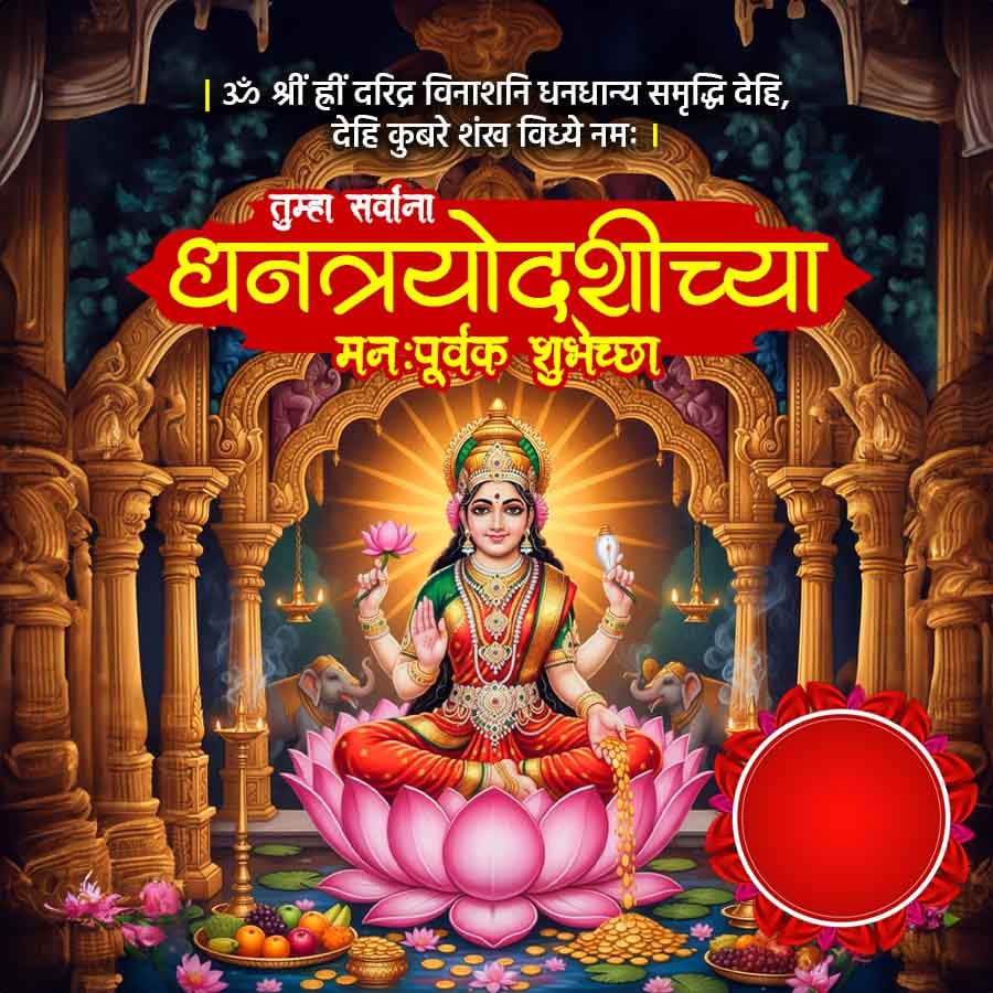 | ॐ श्रीं ह्रीं दरिद्र विनाशनि धनधान्य समृद्धि देहि,
देहि कुबरे शंख विध्ये नमः
तुम्हा सर्वाना
धनत्रयोदशीच्या
मनःपूर्वक शुभेच्छा