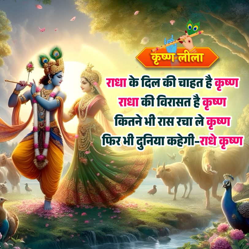 कृष्ण लीला
राधा के दिल की चाहत है कृष्ण
राधा की विरासत है कृष्ण
कितने भी रास रचा ले कृष्ण
फिर भी दुनिया कहेगी - राधे कृष्ण