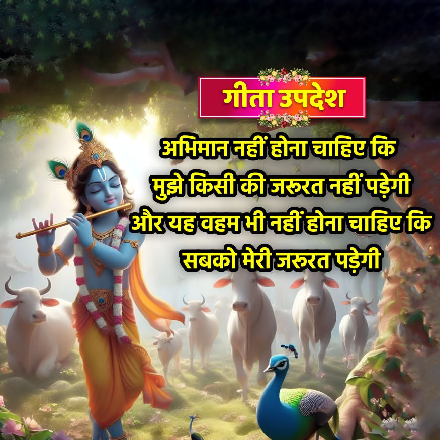 गीता उपदेश
अभिमान नहीं होना चाहिए कि
मुझे किसी की जरूरत नहीं पड़ेगी
और यह वहम भी नहीं होना चाहिए कि
सबको मेरी जरूरत पड़ेगी