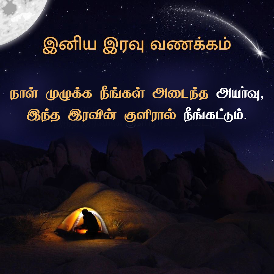 இனிய இரவு வணக்கம்
நாள் முழுக்க நீங்கள் அடைந்த அயர்வு,
இந்த இரவின் குளிரால் நீங்கட்டும்.