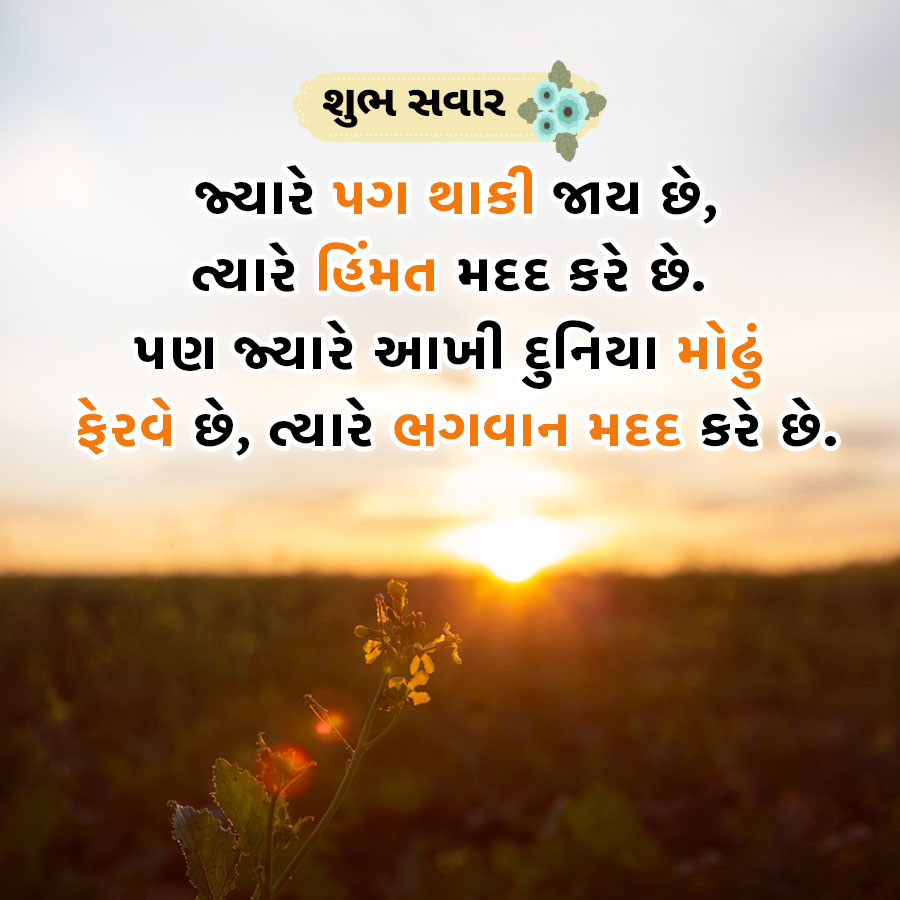 શુભ સવાર
જ્યારે પગ થાકી જાય છે,
ત્યારે હિંમત મદદ કરે છે.
પણ જ્યારે આખી દુનિયા મોઢું
ફેરવે છે, ત્યારે ભગવાન મદદ કરે છે.
