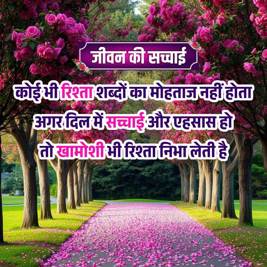 जीवन की सच्चाई
कोई भी रिश्ता शब्दों का मोहताज नहीं होता
अगर दिल में सच्चाई और एहसास हो
तो खामोशी भी रिश्ता निभा लेती है