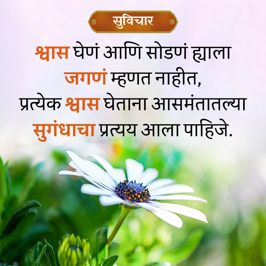 सुविचार
श्वास घेणं आणि सोडणं ह्याला
जगणं म्हणत नाहीत,
प्रत्येक श्वास घेताना आसमंतातल्या
सुगंधाचा प्रत्यय आला पाहिजे.