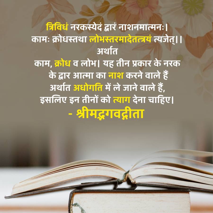 त्रिविधं नरकस्येदं द्वारं नाशनमात्मनः ।
कामः क्रोधस्तथा लोभस्तरमादेतत्त्रयं त्यजेत् । ।
अर्थात
काम, क्रोध व लोभ। यह तीन प्रकार के नरक
के द्वार आत्मा का नाश करने वाले हैं
अर्थात अधोगति में ले जाने वाले हैं,
इसलिए इन तीनों को त्याग देना चाहिए ।
-
श्रीमद्भगवद्गीता