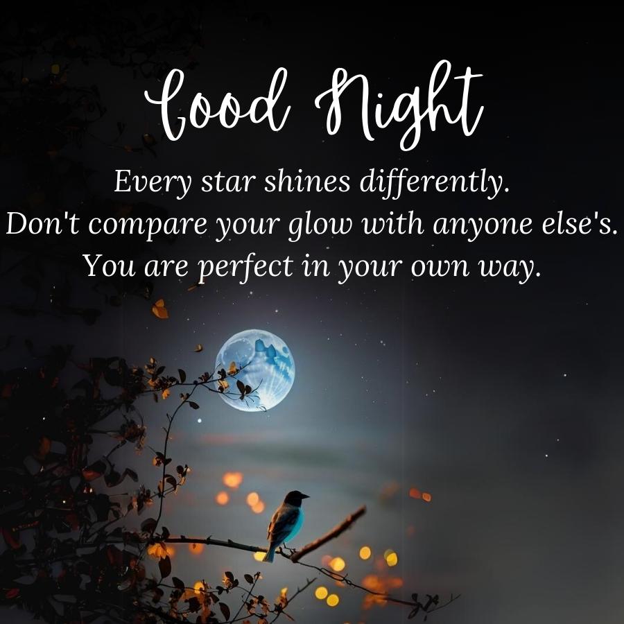 lood Night
Every star shines differently.
Don't compare your glow with anyone else's.
You are perfect in your own way.