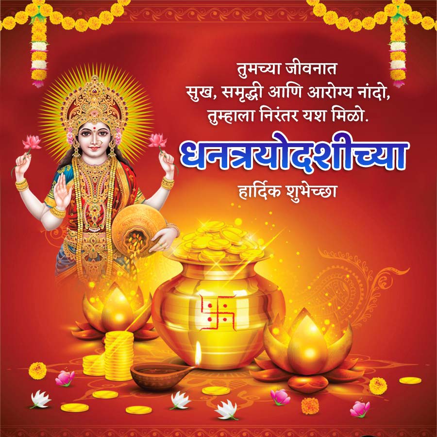 तुमच्या जीवनात
सुख, समृद्धी आणि आरोग्य नांदो,
तुम्हाला निरंतर यश मिळो.
धनत्रयोदशीच्या
हार्दिक शुभेच्छा