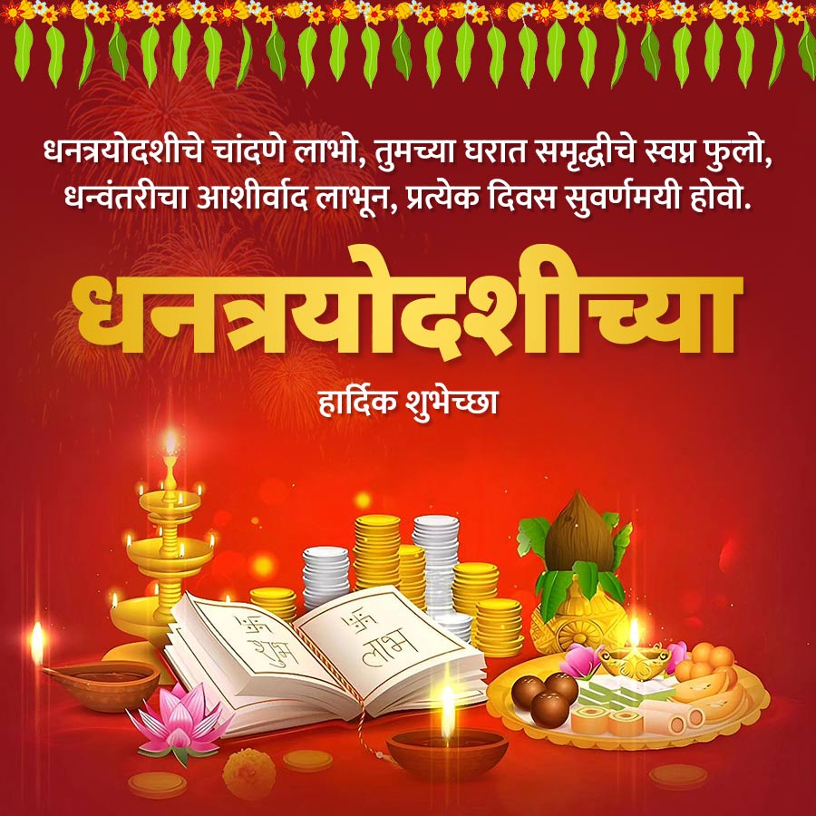 धनत्रयोदशीचे चांदणे लाभो, तुमच्या घरात समृद्धीचे स्वप्न फुलो,
धन्वंतरीचा आशीर्वाद लाभून, प्रत्येक दिवस सुवर्णमयी होवो.
धनत्रयोदशीच्या
हार्दिक शुभेच्छा
लाभ
४