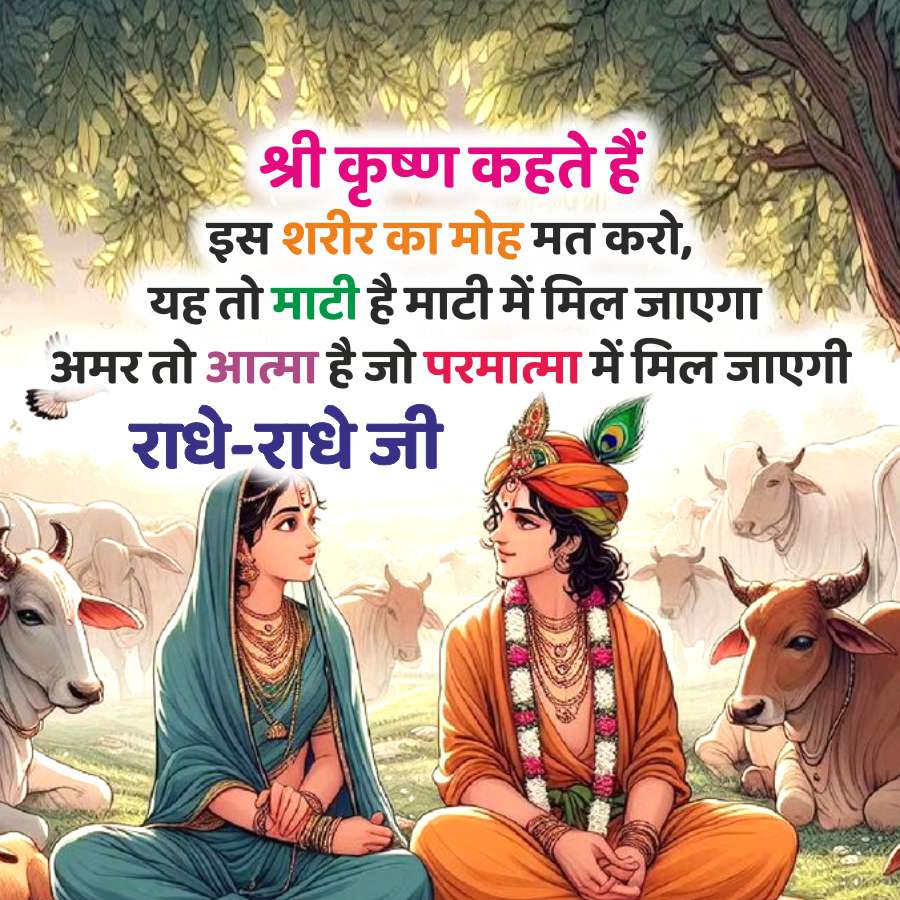 श्री कृष्ण कहते हैं
इस शरीर का मोह मत करो,
यह तो माटी है माटी में मिल जाएगा
अमर तो आत्मा है जो परमात्मा में मिल जाएगी
राधे-राधे जी