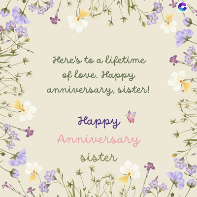 Here's to a lifetime
of love. Happy
anniversary, sister!
Happy
Anniversary
sister