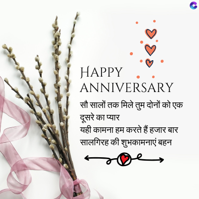 HAPPY
ANNIVERSARY
सौ सालों तक मिले तुम दोनों को एक
दूसरे का प्यार
यही कामना हम करते हैं हजार बार
सालगिरह की शुभकामनाएं बहन