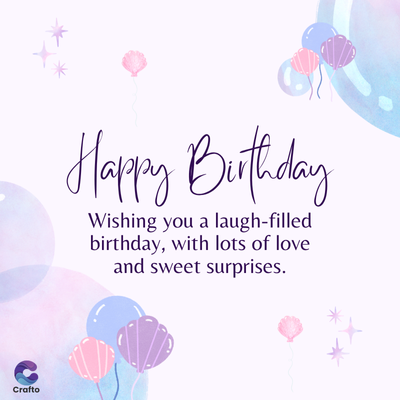 Crafto
Happy Birthday
Wishing you a laugh-filled
birthday, with lots of love
and sweet surprises.