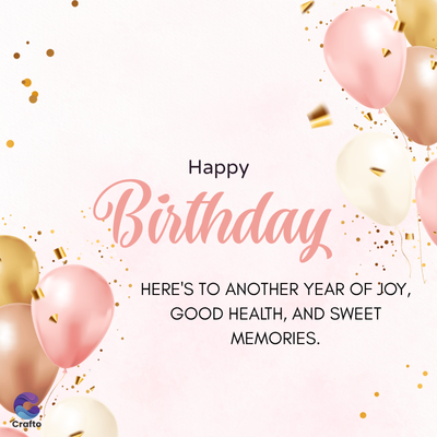 Crafto
Happy
Birthday
HERE'S TO ANOTHER YEAR OF JOY,
GOOD HEALTH, AND SWEET
MEMORIES.