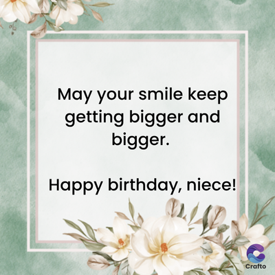 May your smile keep
getting bigger and
bigger.
Happy birthday, niece!
Crafto