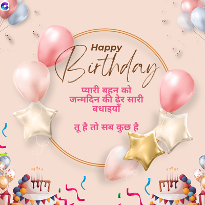 C
ग
Happy
Buthday
प्यारी बहन
जन्मदिन की ढेर सारी
बधाइयाँ
तू है तो सब कुछ है
लग