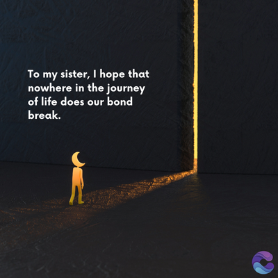 To my sister, I hope that
nowhere in the journey
of life does our bond
break.
=