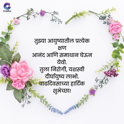 Crafto
तुझ्या आयुष्यातील प्रत्येक
क्षण
आनंद आणि समाधान घेऊन
येवो.
तुला निरोगी, यशस्वी
दीर्घायुष्य लाभो.
वाढदिवसाच्या हार्दिक
શુભેચ્છા!