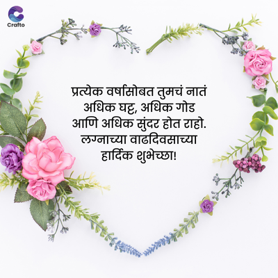 Crafto
प्रत्येक वर्षांसोबत तुमचं नातं
अधिक घट्ट, अधिक गोड
आणि अधिक सुंदर होत राहो.
लग्नाच्या वाढदिवसाच्या
हार्दिक शुभेच्छा!