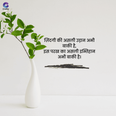 Crafte
ज़िंदगी की असली उड़ान अभी
बाकी है,
इस परख का असली इम्तिहान
अभी बाकी है।