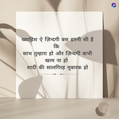 ख्वाहिश ऐ ज़िन्दगी बस इतनी सी है।
साथ तुम्हारा हो और ज़िन्दगी कभी
खत्म ना हो
शादी की सालगिरह मुबारक हो